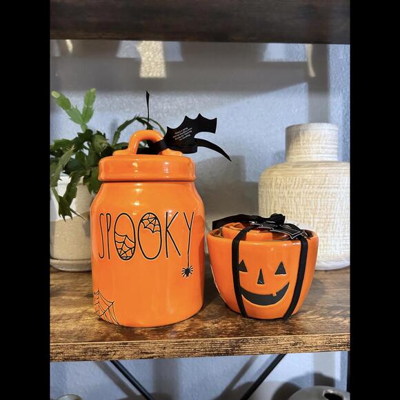 Rae Dunn Spooky Canister and Matching Jack-o’-lantern Measuring Cup Set - Picture 2 of 3